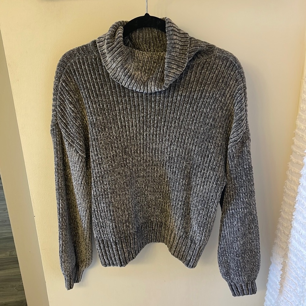 Gray chenille cowl neck sweater